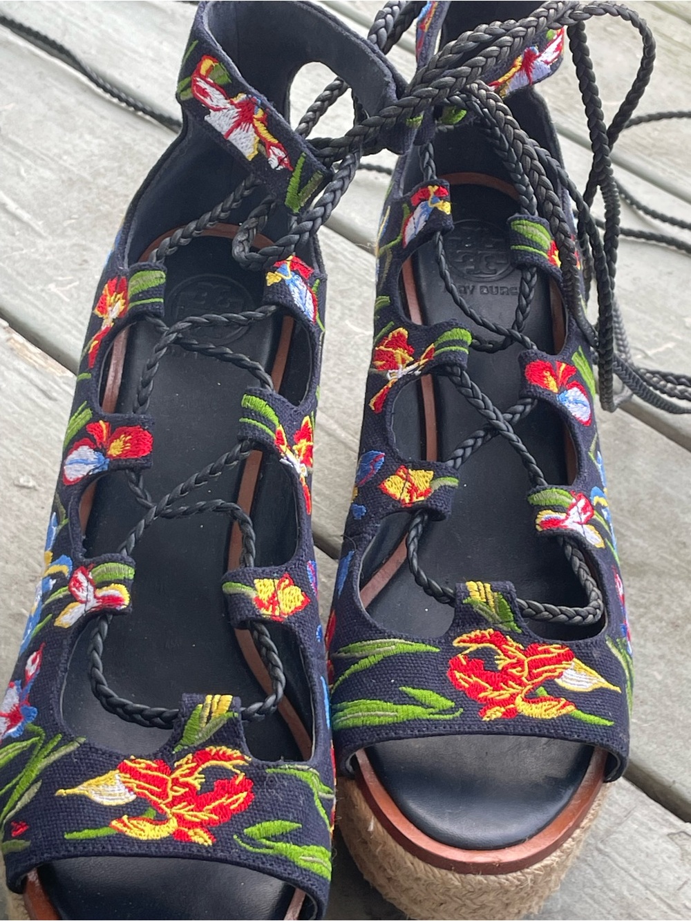 TORY BURCH POSITANO FLORAL LACE UP PLATFORM ESPADRILLE SANDALS 8.5 - Picture 2 of 14